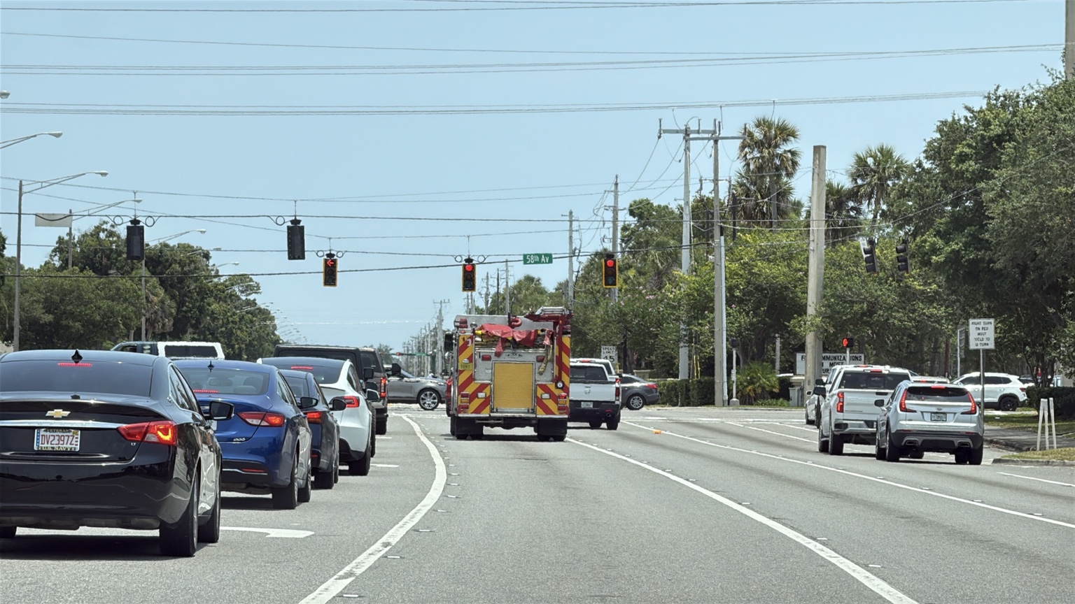 Indian River County Fire Rescue vehicle approaching the Route 60 and 58th Avenue intersection